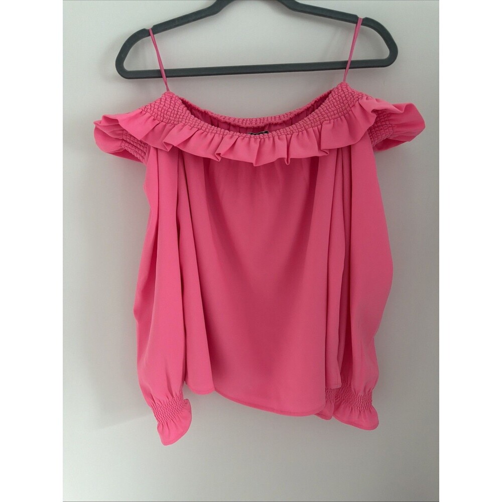 Crown & Ivy Off On Shoulder Shirt Top Womens Sz XL Neon Pink Smocked Stretch EUC - Picture 3 of 11
